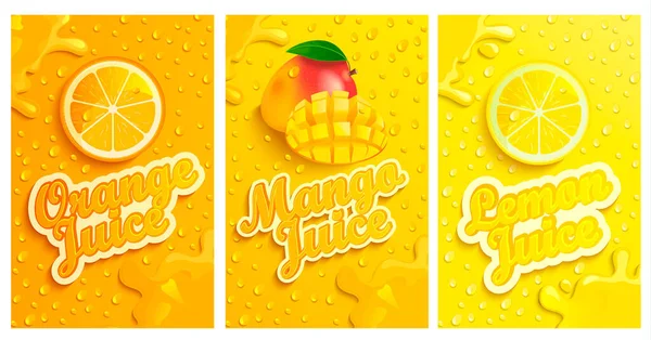 Set Limone Fresco Freddo Mango Succhi Arancia Con Gocce Condensa — Foto Stock