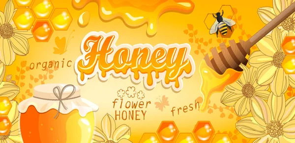 Натуральний Квітковий Медовий Банер Медовими Комбінаціями Квітами Медом Бджолою Скляною — стокове фото