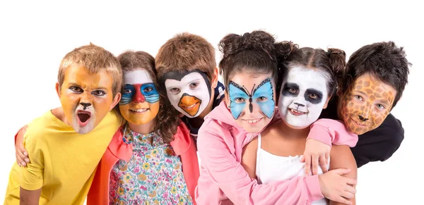 Grupo Infantil Com Pintura Facial Animal Isolada Branco — Fotografia de Stock