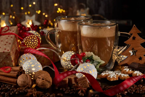 Still Life Two Cups Coffee Gingerbread Cookies Gift Box Christmas — Stock Photo, Image