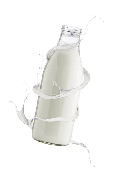 Glasflasche Voller Milch Mit Milchwellen Spritzt Herum Isoliert Auf Weiß — Stockfoto