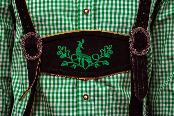 Traditional German Lederhosen Center Chestpiece Closeup Leather Plaid Dress Green — Stock Photo, Image