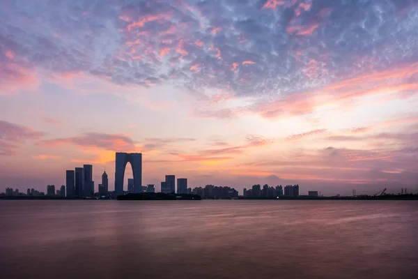 Zonsondergang Bij Poort Van Het Oosten Suzhou China — Stockfoto