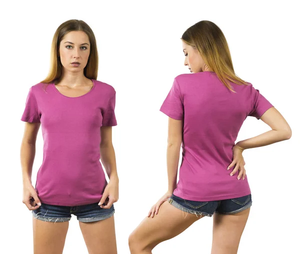 Foto Una Donna Posa Con Una Shirt Rosa Vuota Pronta — Foto Stock
