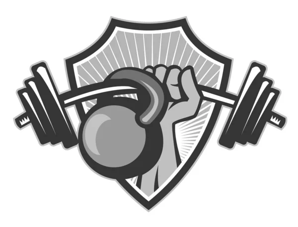 Illustration Hand Lifting Weights Barbell Kettlebell Set Shield Crest Done — Stock Photo, Image