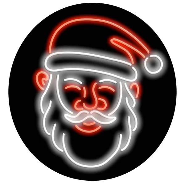 复古风格的插图展示了20世纪90年代明亮的霓虹灯标志灯号照明圣诞老人的头从前面设置圆形黑色背景 — 图库照片
