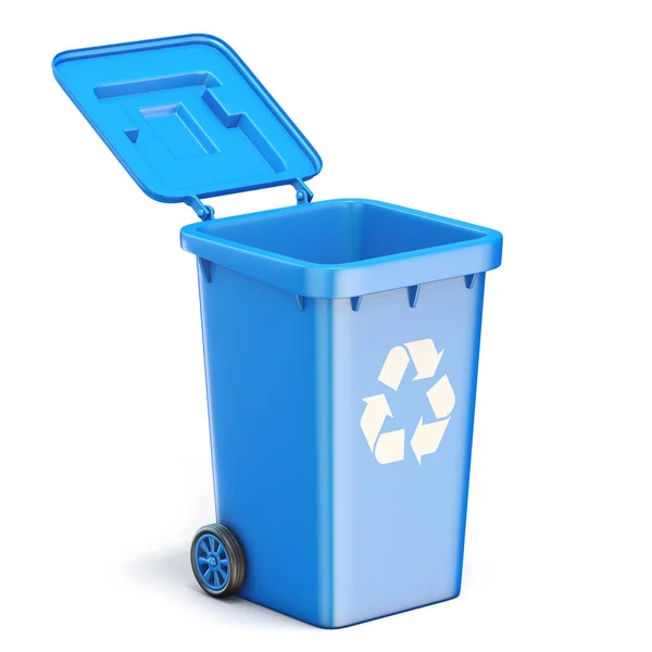 Blauwe Plastic Recycle Bin Geopend Render Illustratie Geïsoleerd Witte Achtergrond — Stockfoto