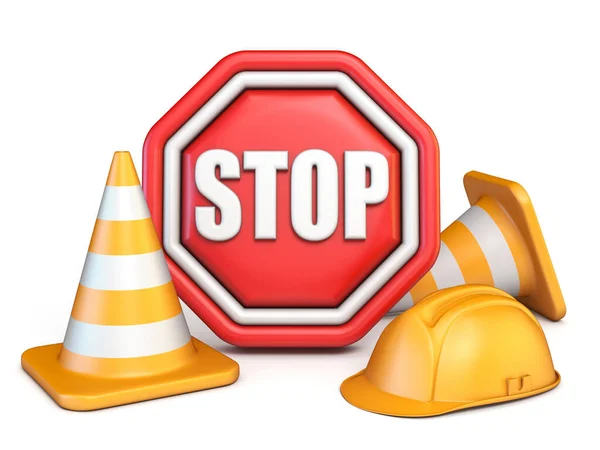 Señal Stop Conos Tráfico Casco Seguridad Ilustración Representación Aislada Sobre — Foto de Stock