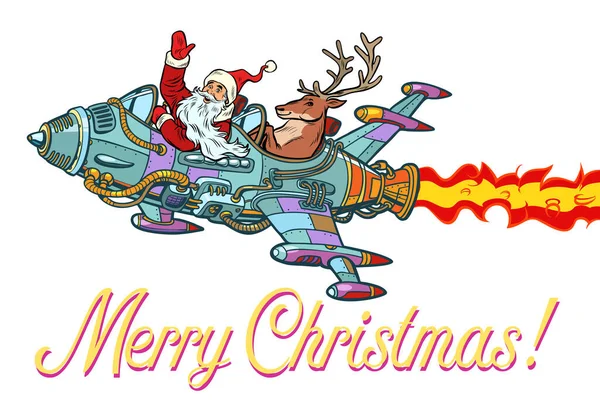 Merry Christmas Santa Claus Deer Flying Rocket Pop Art Retro — Stock Photo, Image