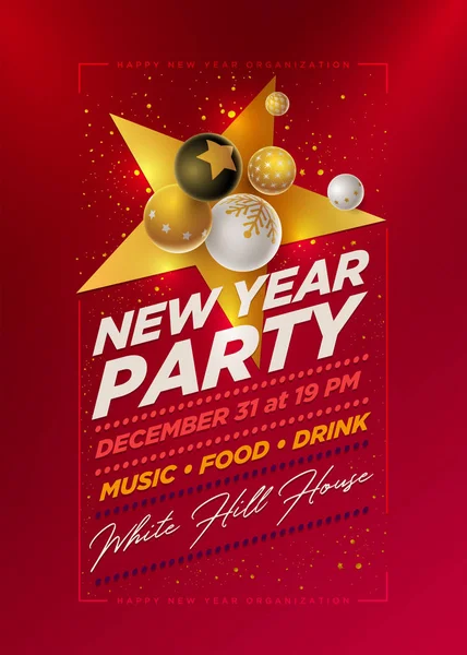 Vector New Year Party poster design template with 3d white, black and gold Christmas balls . Elements are layered separately in vector file.