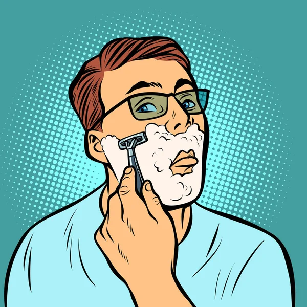 Man Shaving Razors Comic Cartoon Pop Art Retro Vector Illustration — Stock Photo, Image