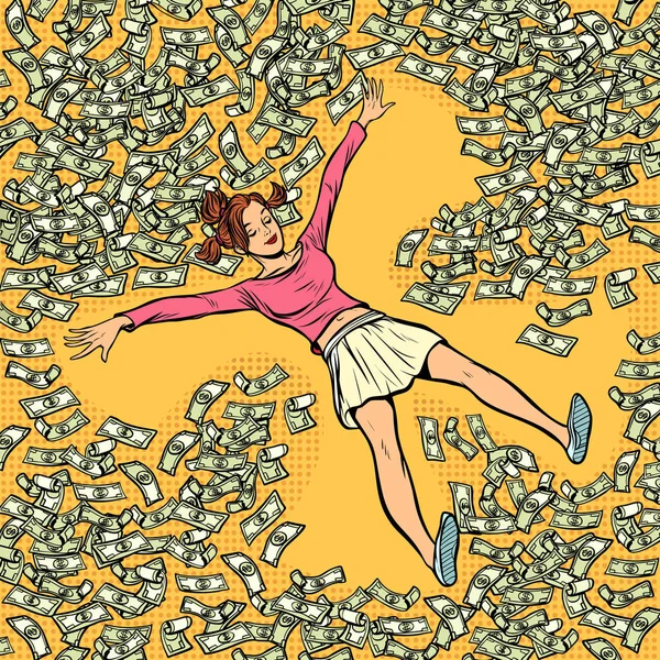 Junges Mädchen Verdient Schnee Engel Geld Dollar Eine Menge Comic — Stockfoto