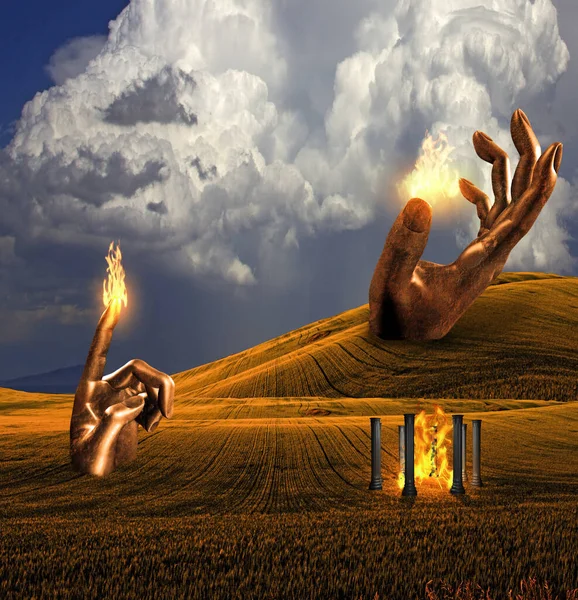 Surreal Landscape with giant sculptures and temple of fire