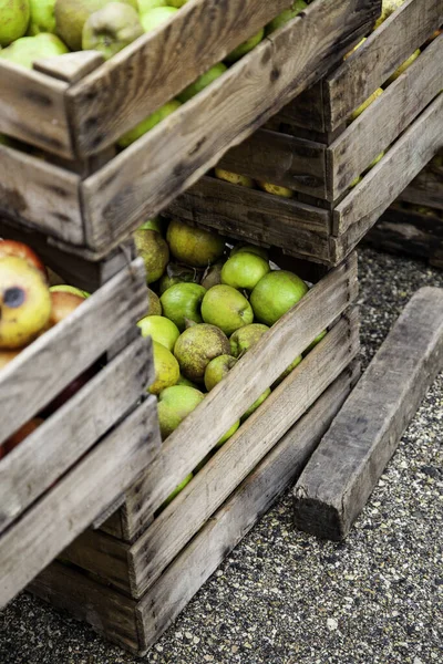 Manzanas Cajas Madera Detalle Fruta Fresca Dieta Salud — Foto de Stock