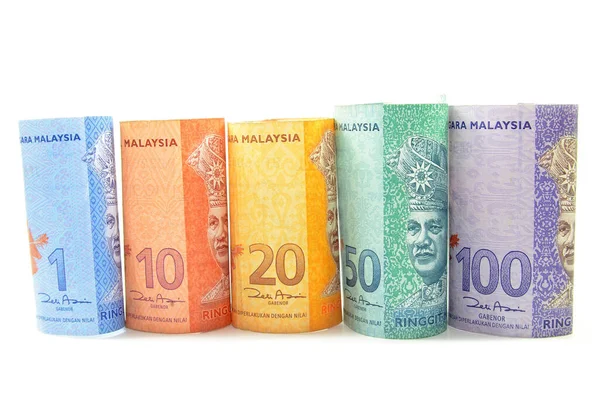 Malesia Valuta Uno Cinque Dieci Cinquanta Cento Ringgit Sullo Sfondo — Foto Stock