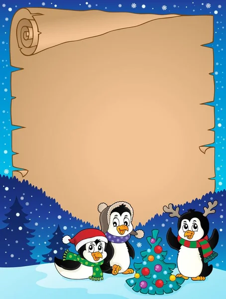 Pinguins Natal Pergaminho Temático Ilustração Quadro — Fotografia de Stock