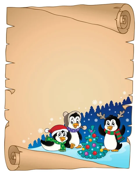 Pinguins Natal Pergaminho Temático Ilustração Quadro — Fotografia de Stock