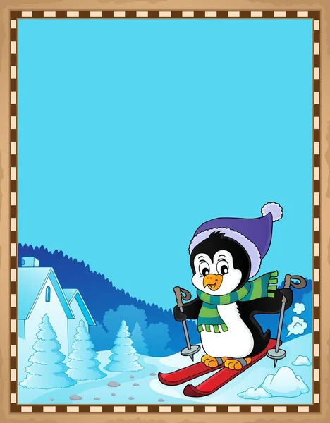 スキーペンギンとの羊皮紙 画像イラスト — ストック写真