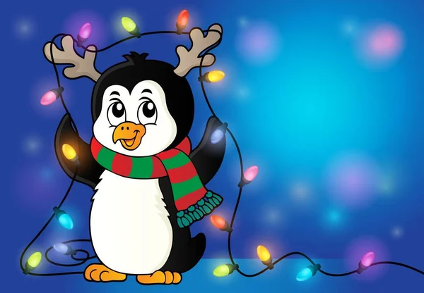Пингвин Рождественскими Огнями Изображение Иллюстрация Рисунку — стоковое фото