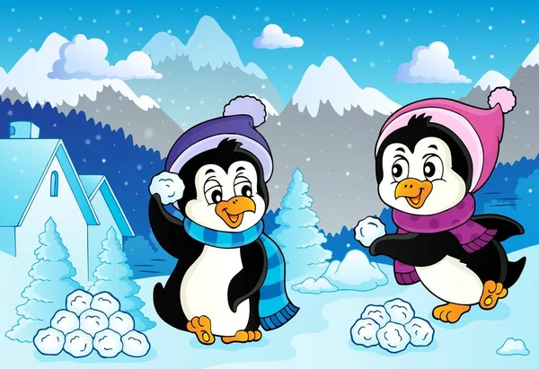 Pingwiny Bawiące Się Śniegiem Obraz Ilustracja Obrazu — Zdjęcie stockowe