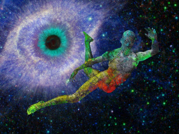 Homem Voando Espaço Profundo Galáxia Forma Olho — Fotografia de Stock