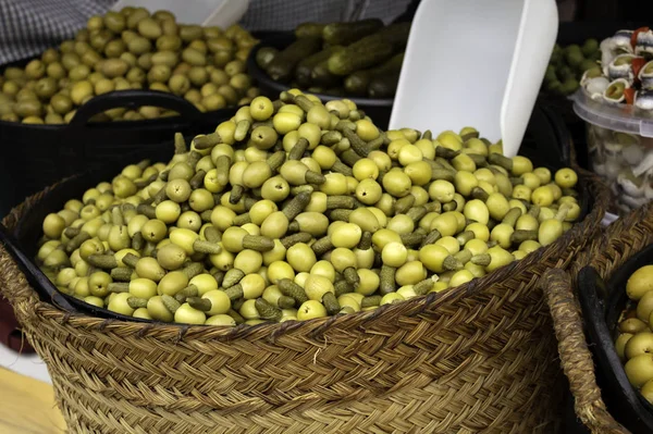 Olive Con Peperoni Aceto Cibo Antipasto — Foto Stock