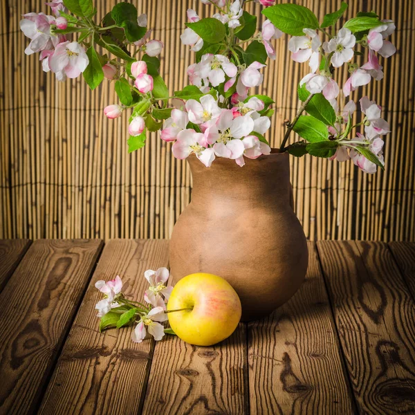 Ripe Apple Blossoming Branch Apple Tree Clay Jar Close — Stock Photo, Image