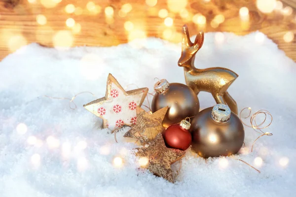 Karácsonyi Dekoráció Télen Arany Bokeh Háttér — Stock Fotó