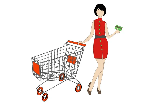 ショッピングカートとクレジット カードを持つ若い女性 — ストック写真
