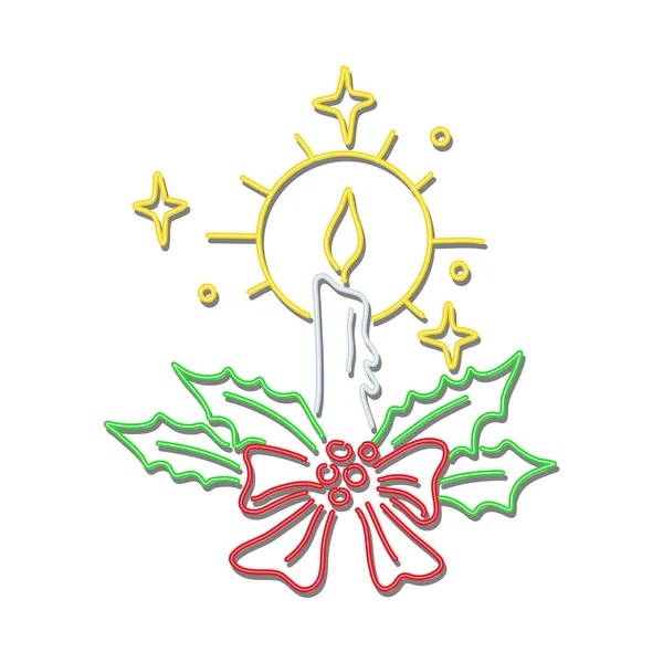 复古风格的插图显示了20世纪90年代霓虹灯标志照明圣诞假期蜡烛与丝带和花圈在孤立的背景 — 图库照片