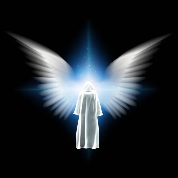 超现实数字艺术 身穿白色斗篷的人站在明亮的灯光前 长着天使般的翅膀 — 图库照片