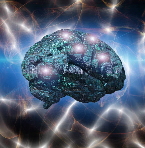 Elektronický Mozek Zářícími Uzly Vířící Světla Pozadí — Stock fotografie