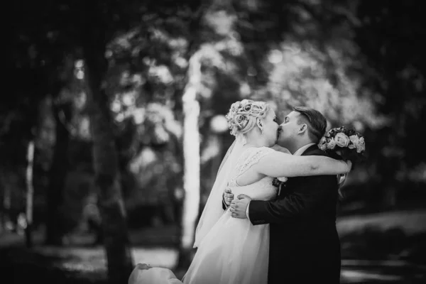 Black White Photography Beautiful Young Couple Stand Background Forest — Stock Photo, Image