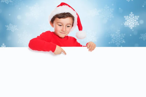 Criança Natal Menino Papai Noel Apontando Dedo Banner Vazio Sinal — Fotografia de Stock