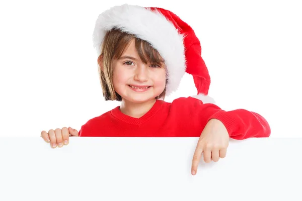 子供子供女の子クリスマス サンタ クロース ポインティング幸せな空のバナー Copyspace コピー スペース — ストック写真