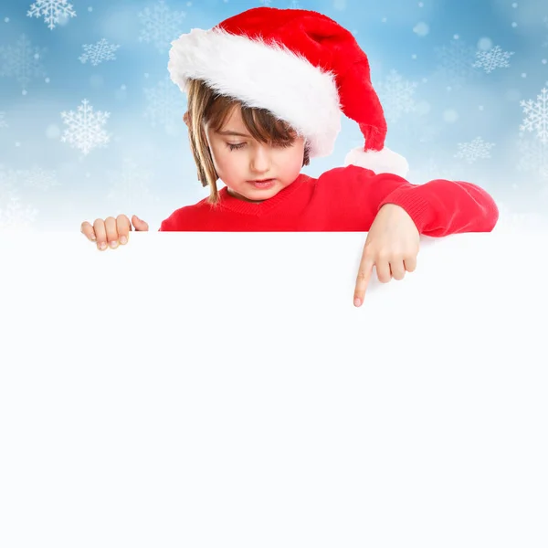 Natal Criança Menina Papai Noel Apontando Banner Vazio Quadrado Neve — Fotografia de Stock