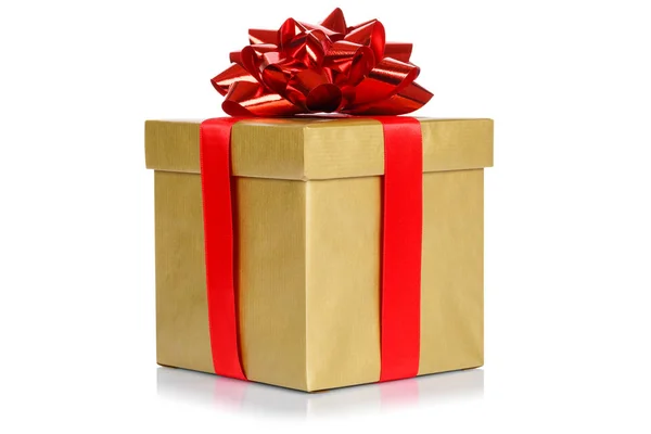 Närvarande Jul Födelsedag Bröllop Önskan Guld Gyllene Presentbox Isolerad Vit — Stockfoto