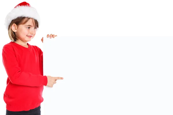 Рождественский Санта Клаус Ребенок Девочка Указывая Глядя Пустой Баннер Копия — стоковое фото