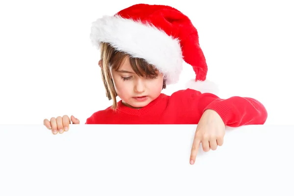 Niño Navidad Niña Santa Claus Señalando Banner Vacío Copyspace Aislado —  Fotos de Stock