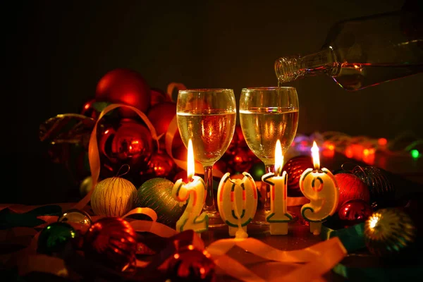 Copos Champanhe Decorações Ano Novo — Fotografia de Stock