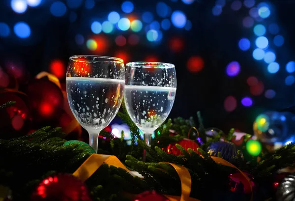 Two Glasses Champagne Christmas Decoration Background — Stock Photo, Image