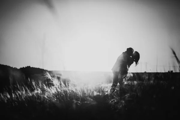 Nero Bianco Fotografia Romantico Coppia Piedi Baci Sfondo Estate Prato — Foto Stock