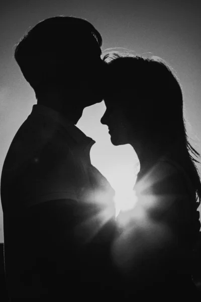 Black White Photography Romantic Silhouette Couple Standing Kissing Background Summer — Stock Photo, Image