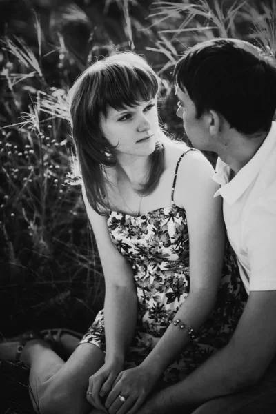 黑白色摄影浪漫夫妇站立和亲吻在背景夏天草甸日落 — 图库照片