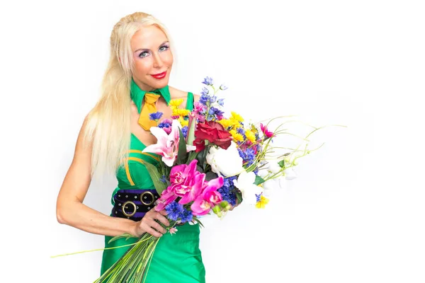 Blonde Woman Bouquet Flowers — 图库照片