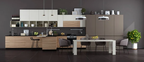 Moderne Keuken Met Eiland Eettafel Rendering — Stockfoto