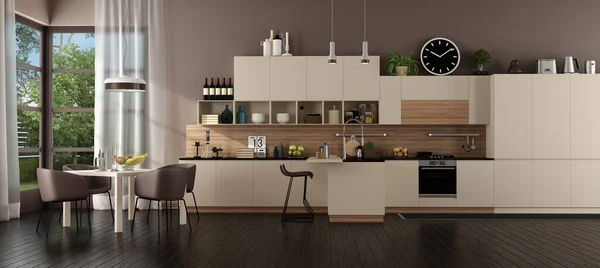 Moderne Beige Keuken Een Villa Met Eiland Eettafel Rendering — Stockfoto