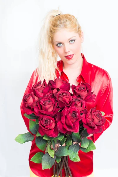 Blonde Woman Flowers Hand — Stock Photo, Image