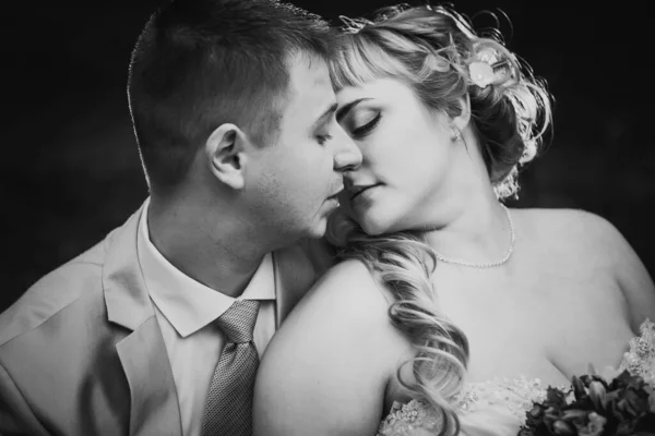 Fotografía Blanco Negro Hermosa Pareja Joven Casada Bosque Fondo —  Fotos de Stock