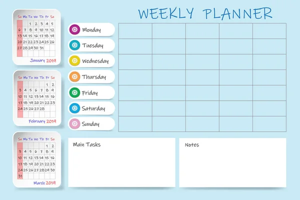 2019年第一季度的日历 包括每周计划图表以及备注和主要任务的空白标签 每月表格是垂直的 周日开始的一周 — 图库照片